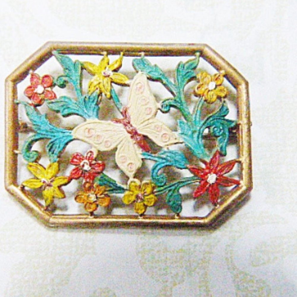 RARE Very Old ANTIQUE Art Nouveau Hand Painted Butterfly Brooch